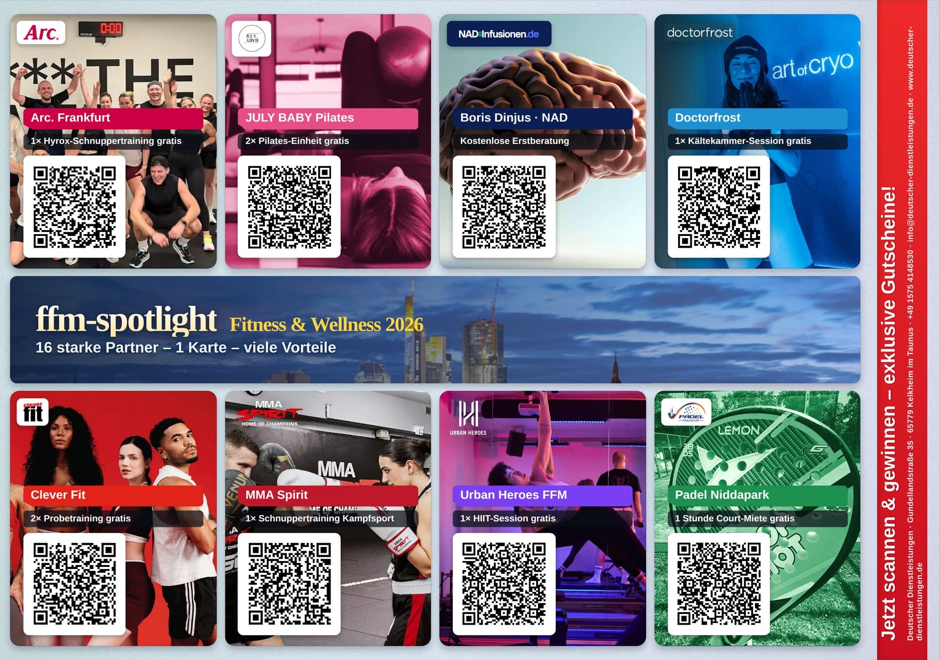 FFM-Spotlight Karte Vorderseite — Arc. Frankfurt, JULY BABY Pilates, Boris Dinjus NAD, Doctorfrost, Clever Fit, MMA Spirit, Urban Heroes FFM, Padel Niddapark