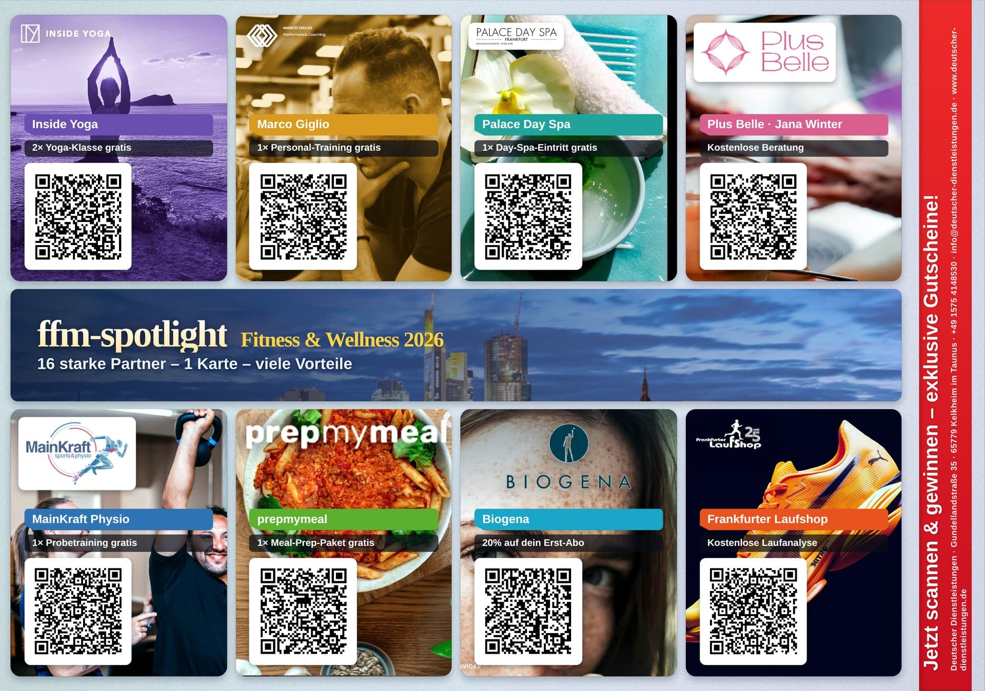 FFM-Spotlight Karte Rückseite — Inside Yoga, Marco Giglio, Palace Day Spa, Plus Belle, MainKraft Physio, prepmymeal, Biogena, Frankfurter Laufshop
