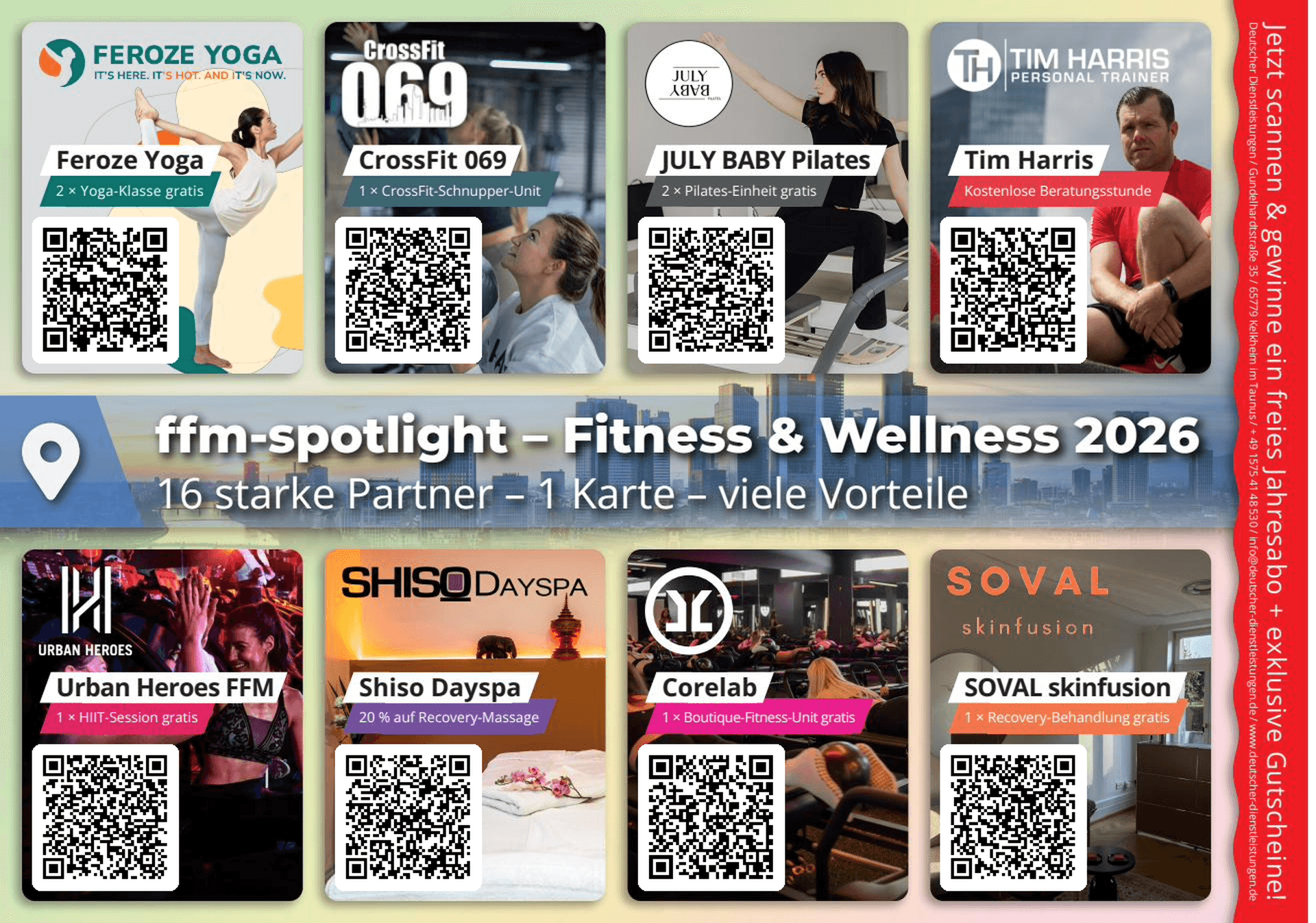 FFM-Spotlight Karte Seite 2 — Feroze Yoga, CrossFit 069, JULY BABY Pilates, Tim Harris, Urban Heroes FFM, Shiso Dayspa, Corelab, SOVAL Skinfusion