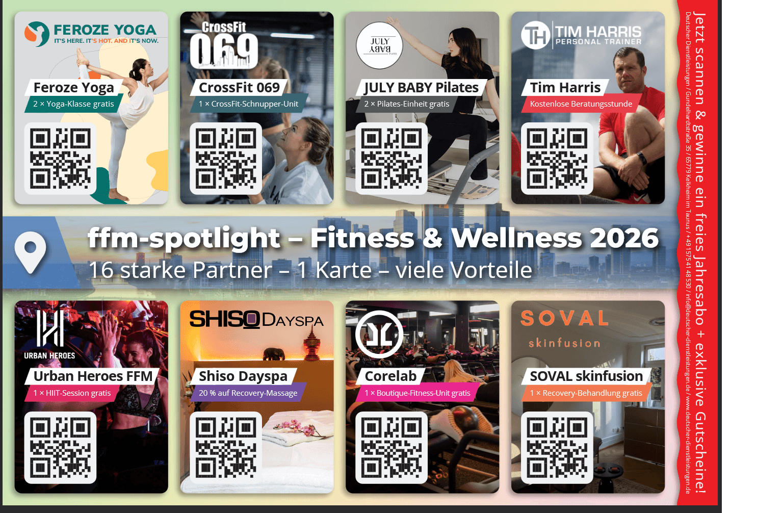FFM-Spotlight Karte Seite 2 — Feroze Yoga, CrossFit 069, JULY BABY Pilates, Tim Harris, Urban Heroes FFM, Shiso Dayspa, Corelab, SOVAL Skinfusion